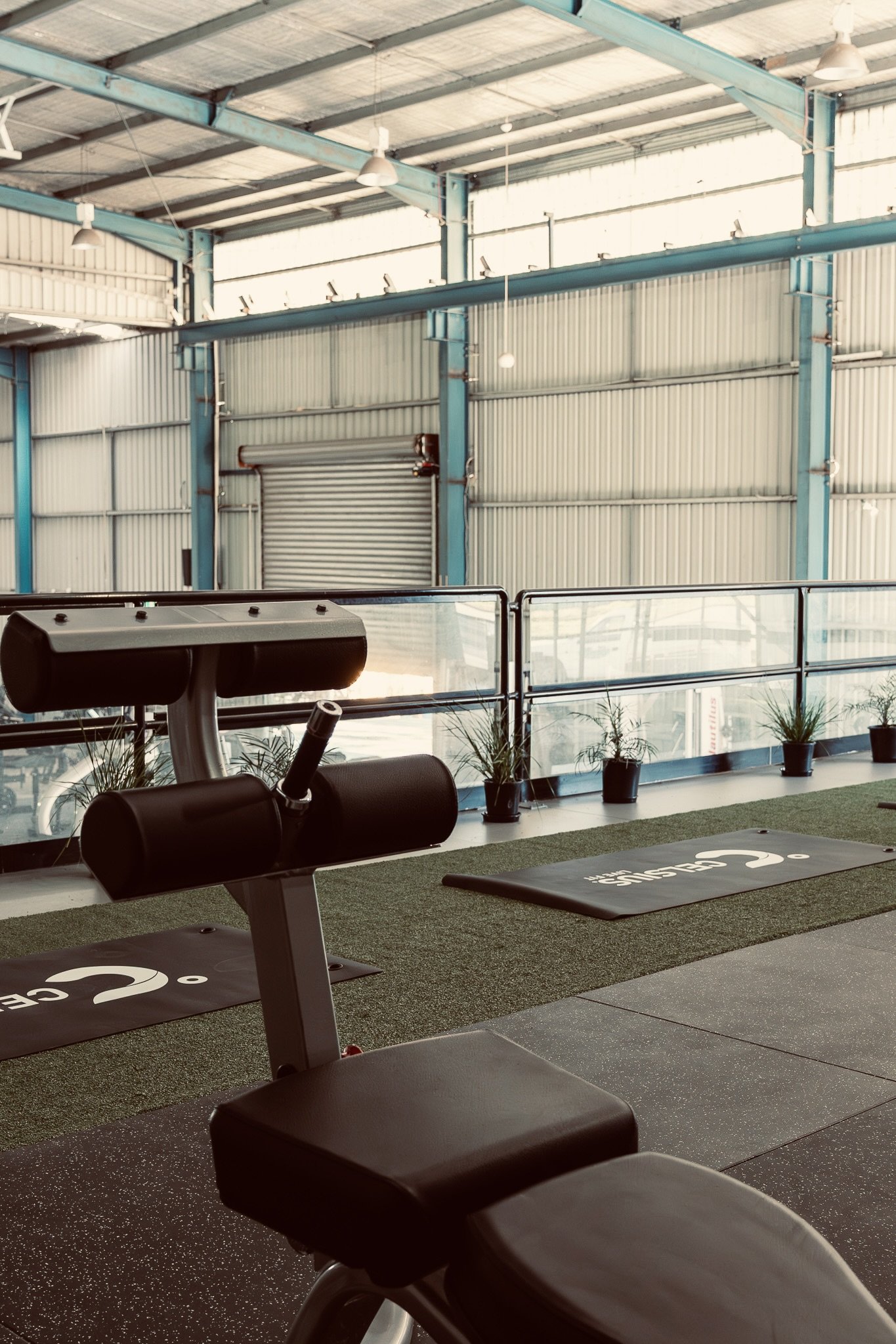 Indoor gym or fitness area with exercise equipment, potted plants along the glass wall, and a workout mat on the floor.