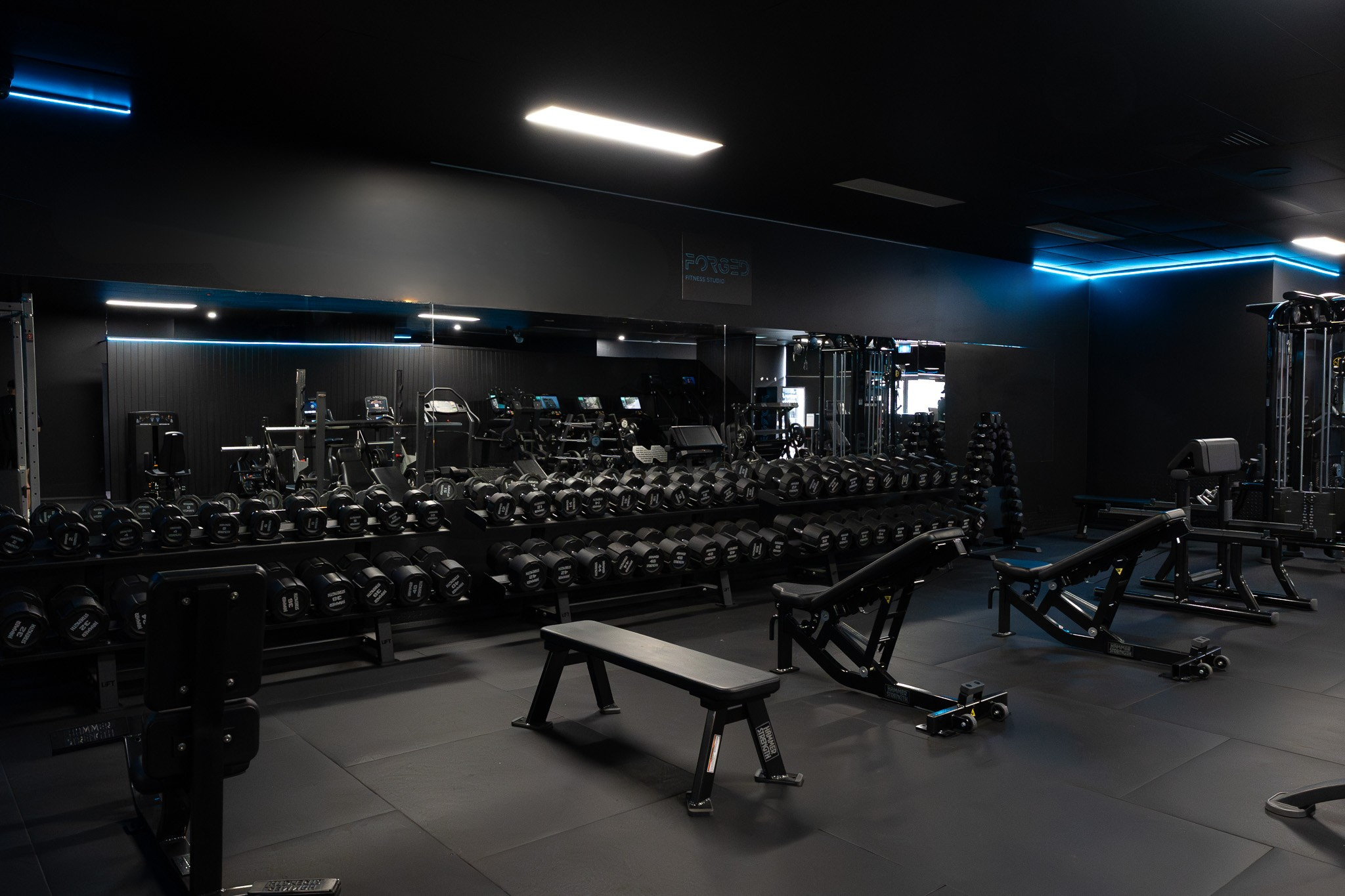 Interior of a modern gym with black walls and ceiling, various workout equipment including dumbbells, benches, and machines, illuminated by bright ceiling lights and blue accent lighting.