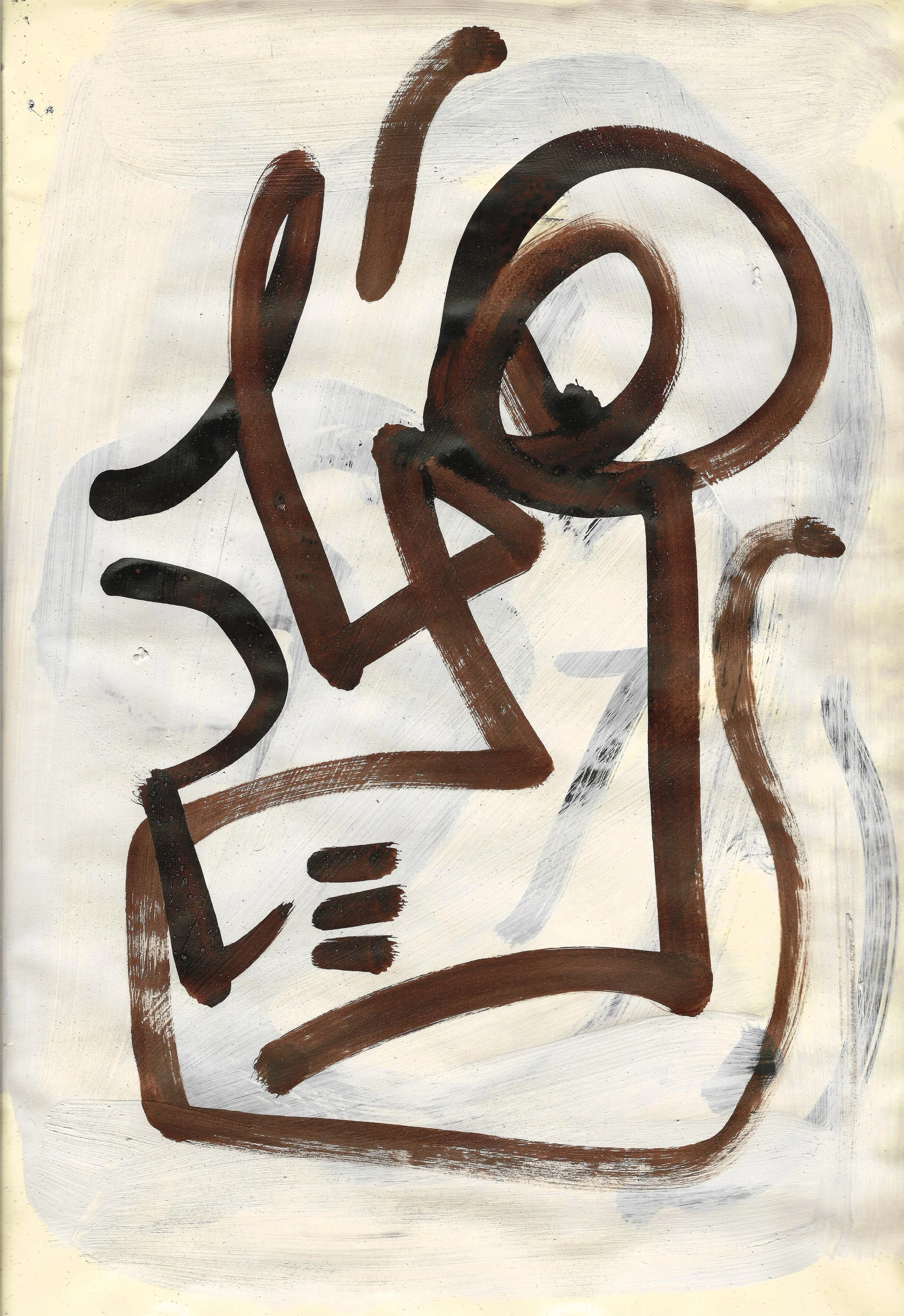 Abstract painting with brown, black, and white brushstrokes forming shapes and lines on a textured background.
