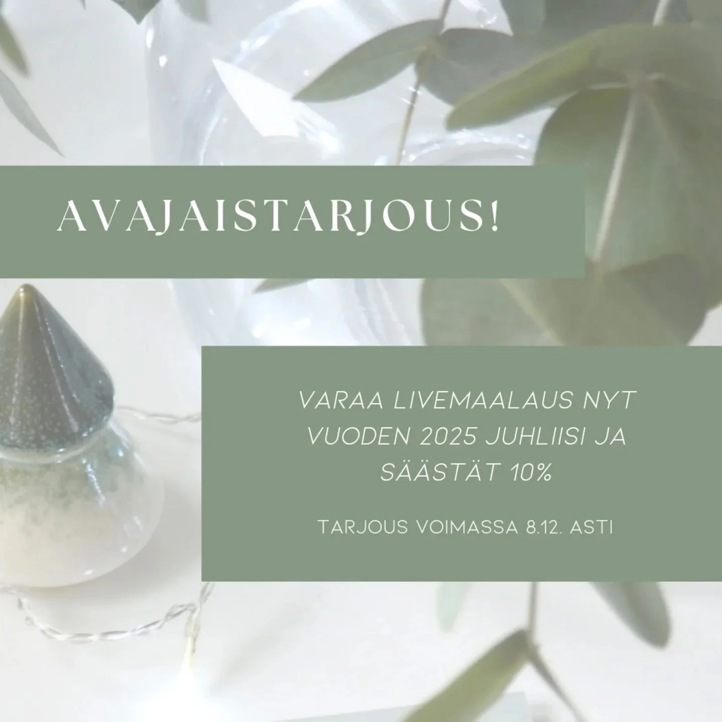 Etsitk&ouml; viel&auml; ohjelmanumeroa ensi vuoden juhliisi? 

Varaa livemaalaaja ikuistamaan t&auml;rke&auml;t hetket!

S&auml;&auml;st&auml;t nyt 10% kun teet varauksen viimeist&auml;&auml;n 8.12.

#livemaalaus #liveh&auml;&auml;maalaus #livekuvitt