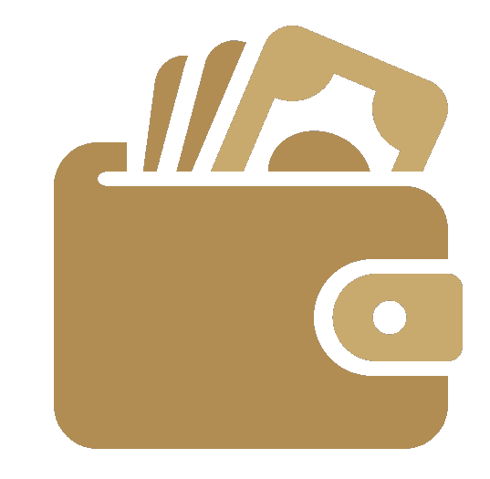 Icon of a closed wallet with dollar bills inside.
