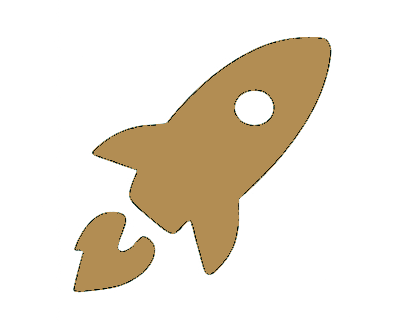 Gold-colored rocket icon with a heart shape at the bottom left streak.