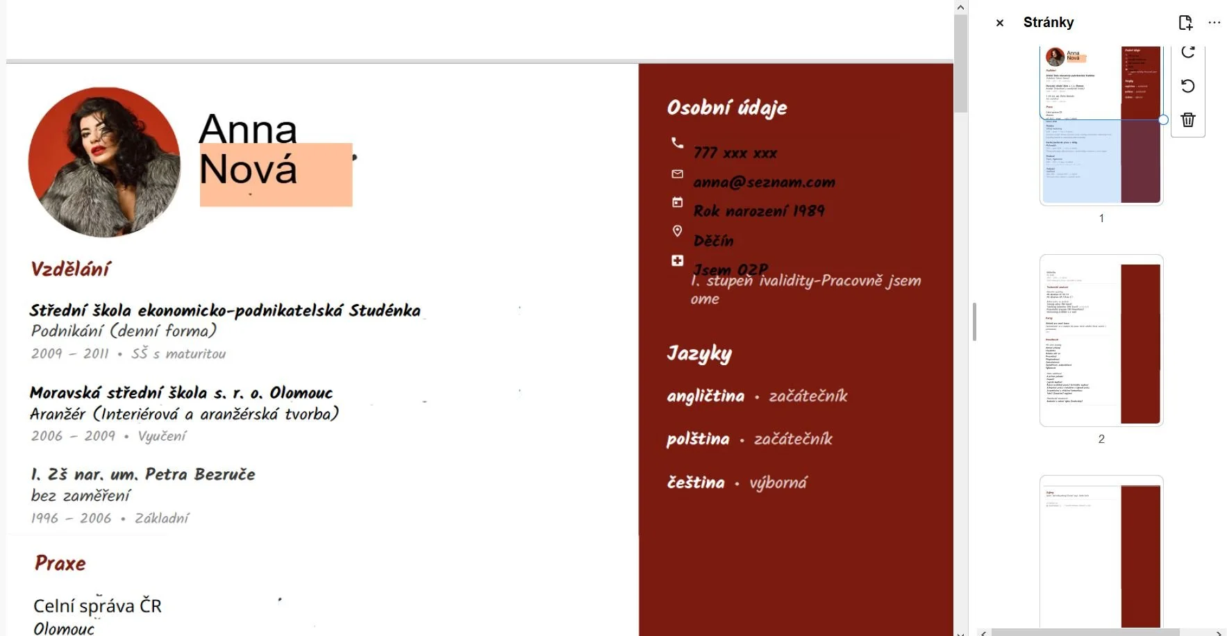 A portion of a resume with a profile picture of a woman with curly dark hair, wearing a fur coat, on the left. The person’s name on the resume is Anna Nová and is partially obscured. The right side features a maroon sidebar with contact info, language skills, and personal data, including a phone icon, email, birth year, and place, in Czech language.