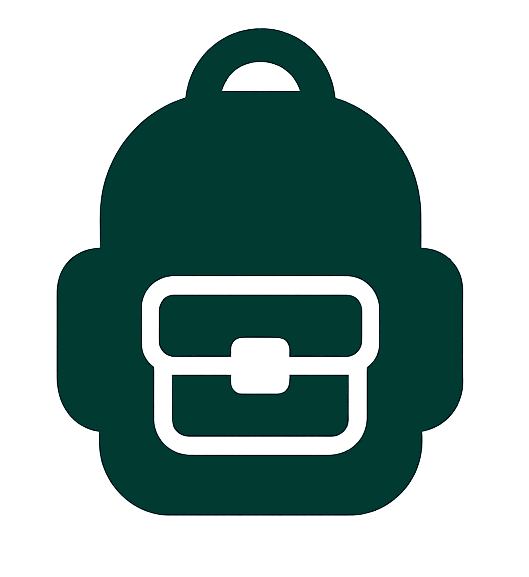 Icon of a backpack with a front pocket and handle at the top
