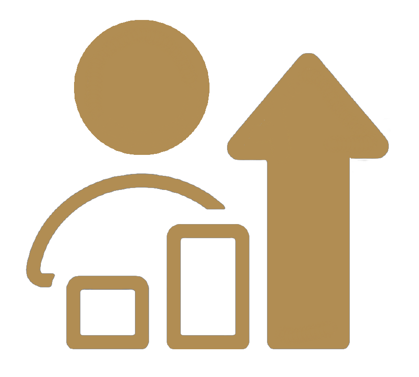 Icon of a person with a bar graph and an upward arrow, representing growth or progress.