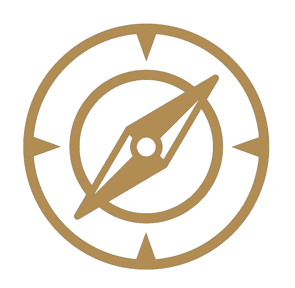 Gold and black compass with cardinal directions on a white background.