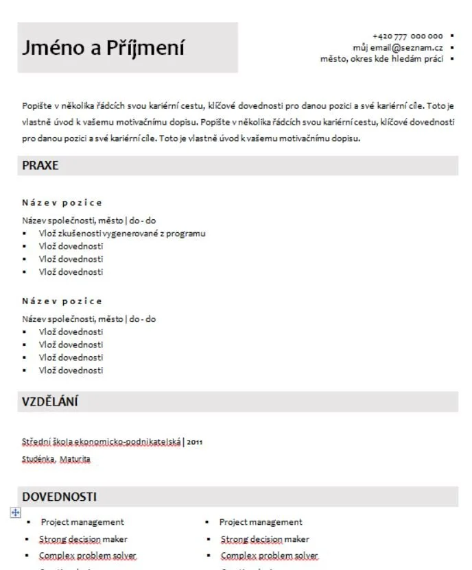Sample Czech resume template with sections for personal details, career objectives, work experience, education, skills, and references.