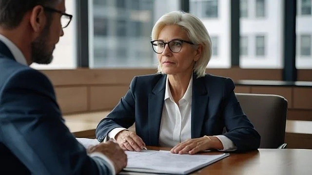 An older woman with short blonde hair, glasses, and a navy blazer sitting at a table and listening to a man during a meeting in a modern office.
