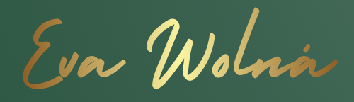 Text reading "Eva Wolná" on a dark green background.