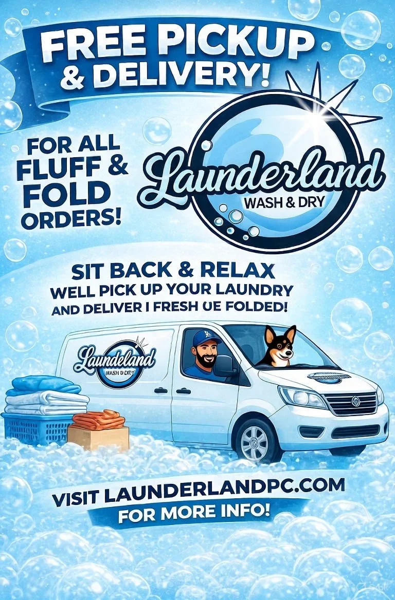 Advertisement for Launderland Wash & Dry offering free pickup and delivery for all fluff and fold laundry orders, with a cartoon image of a van, a man and a dog inside, and laundry stacked outside.