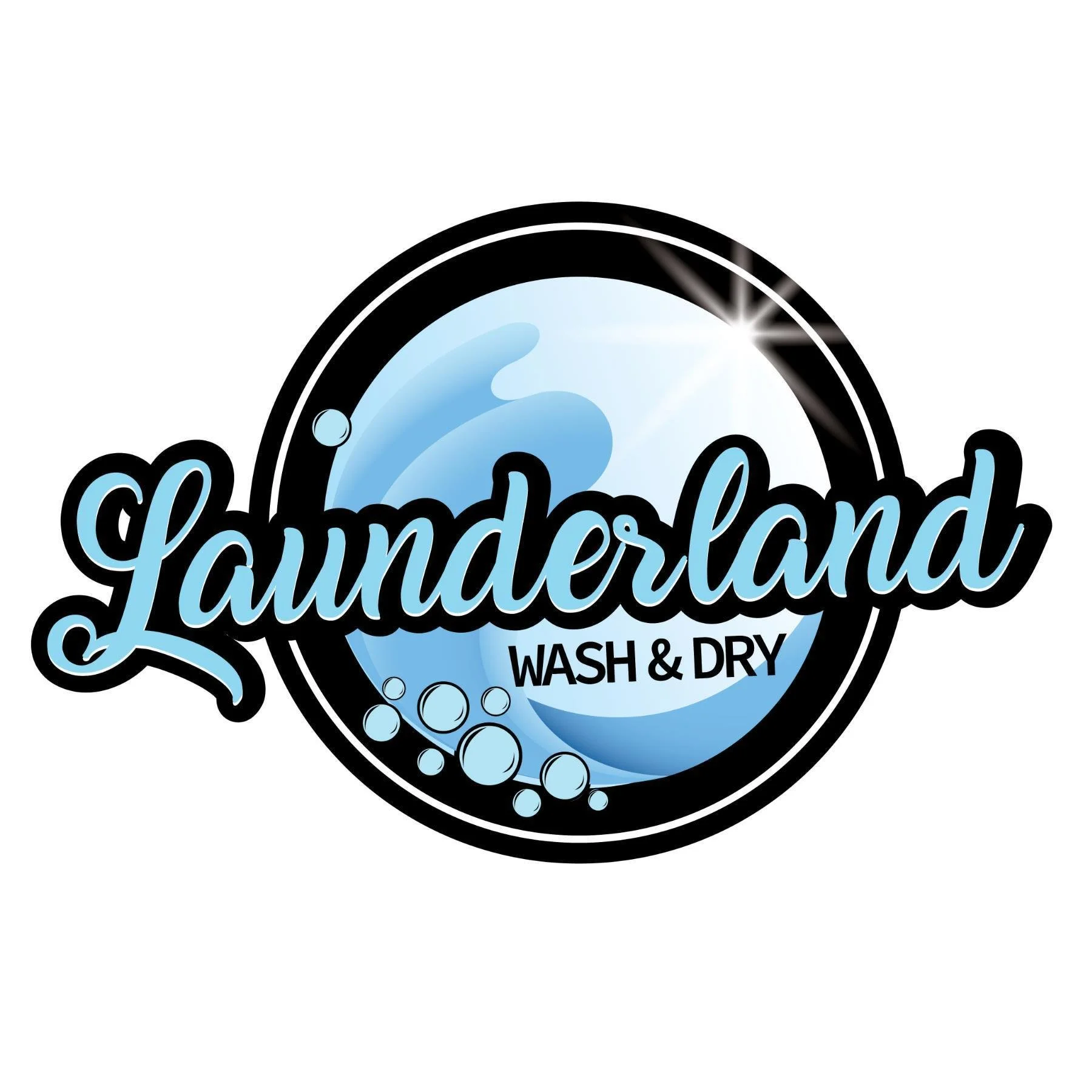 Logo for Launderland Wash & Dry featuring a blue and white washing machine with bubbles and a shine effect.