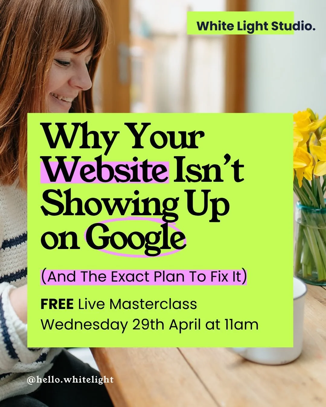 ✨ You&rsquo;ve got a great product&hellip;
&hellip;but your website just isn&rsquo;t getting found. ✨ 

Join my FREE workshop next week to learn:
✔️ The 3 biggest reasons your website isn&rsquo;t showing up on Google (and how to quickly check if they