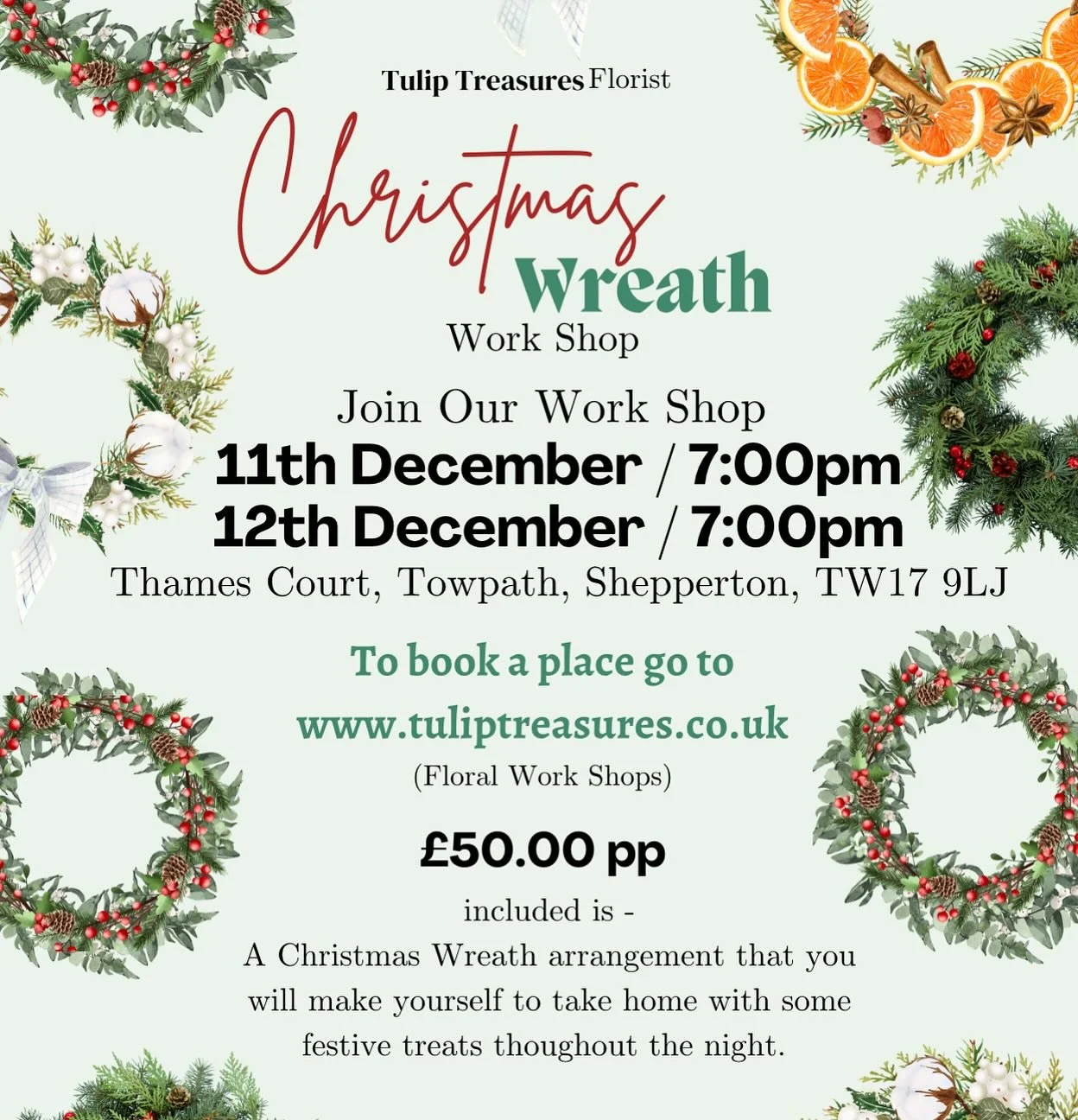 🎄It&rsquo;s Here🎄

By popular demand our Christmas wreath workshop is back this year with two dates. You can book your spaces now by clicking the link below. 

https://www.tuliptreasures.co.uk/shop/p/christmas-wreath-work-shop-1 

#christmaswreath 