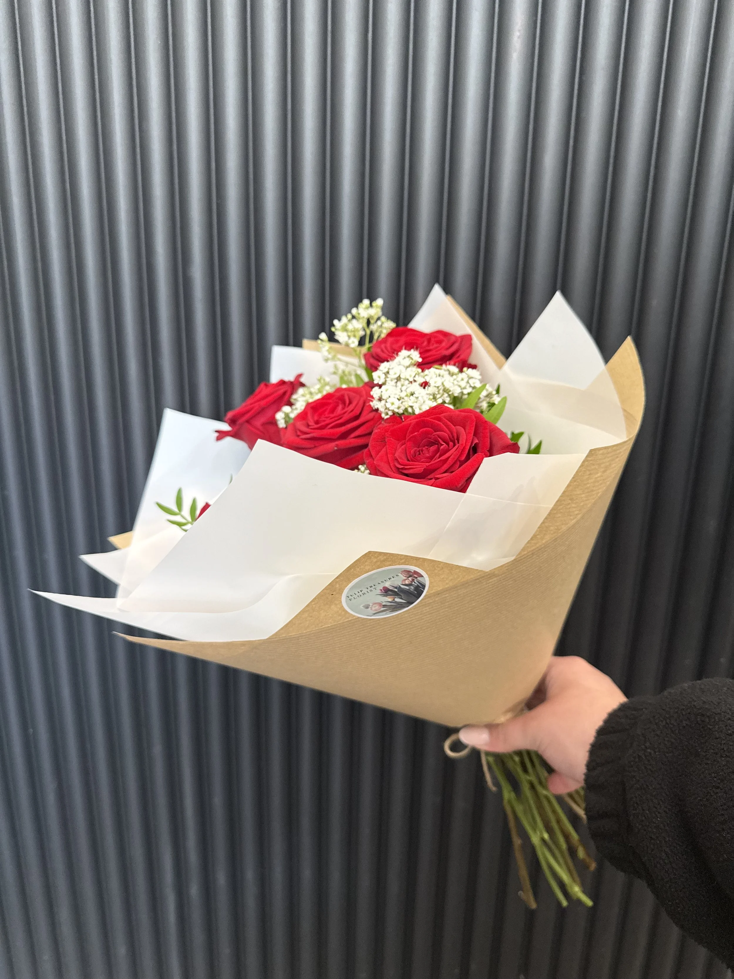Red Rose And Gypsophila Hand Tied