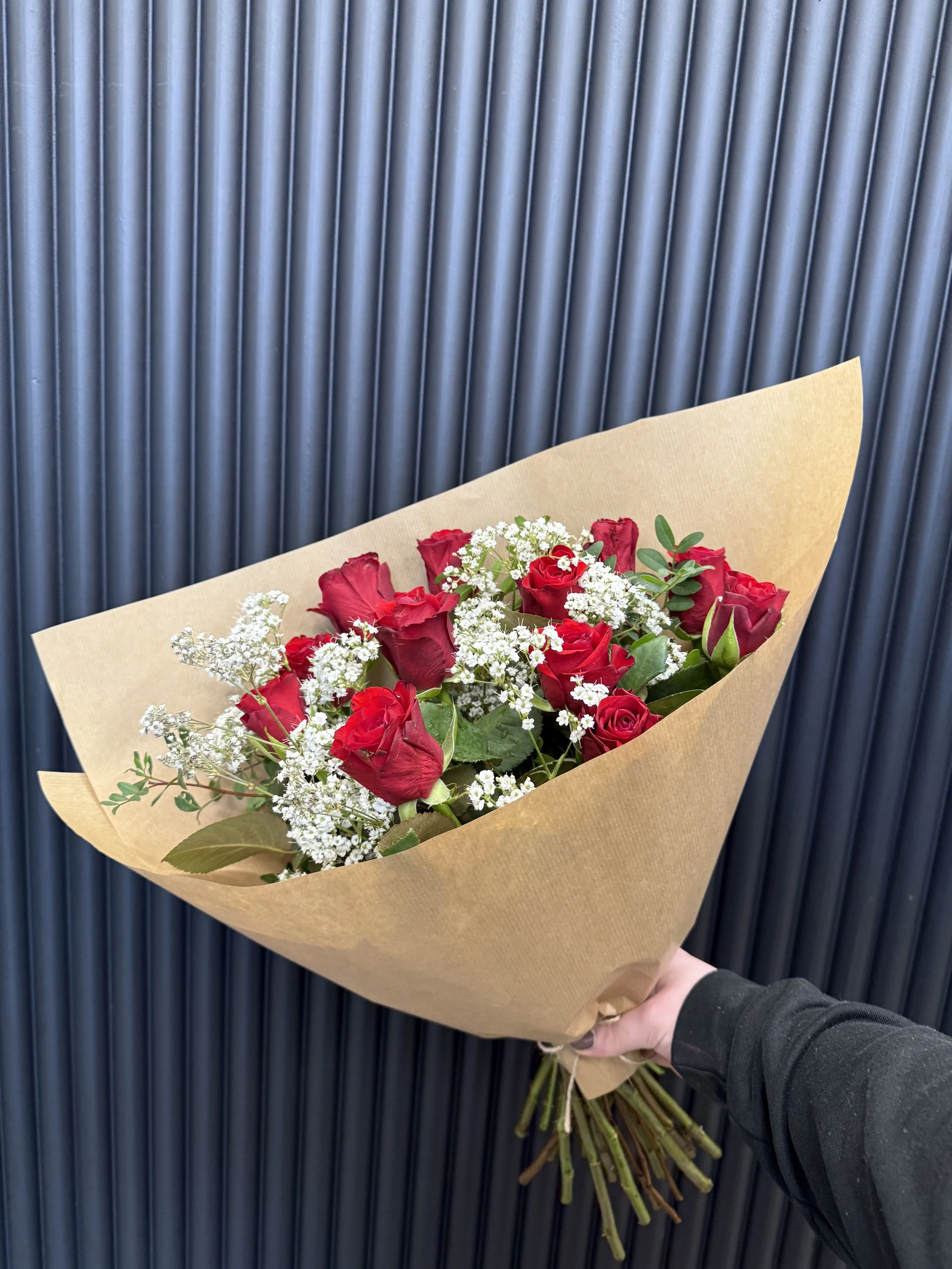 Red Rose And Gypsophila Hand Tied