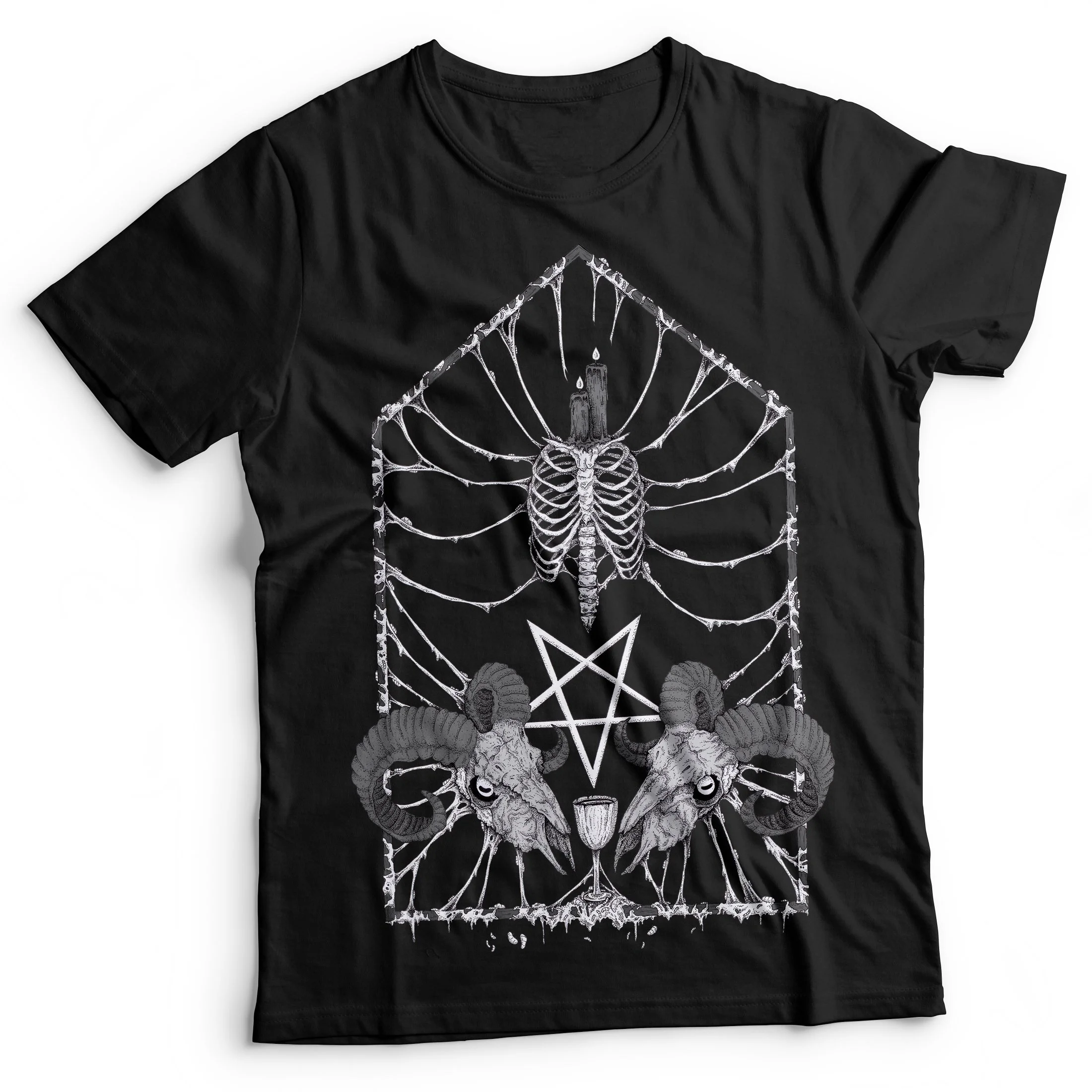 An image of a black t-shirt on a white background. On the front of the t-shirt, the "Altar" artwork is printed in a grayscale color palette.