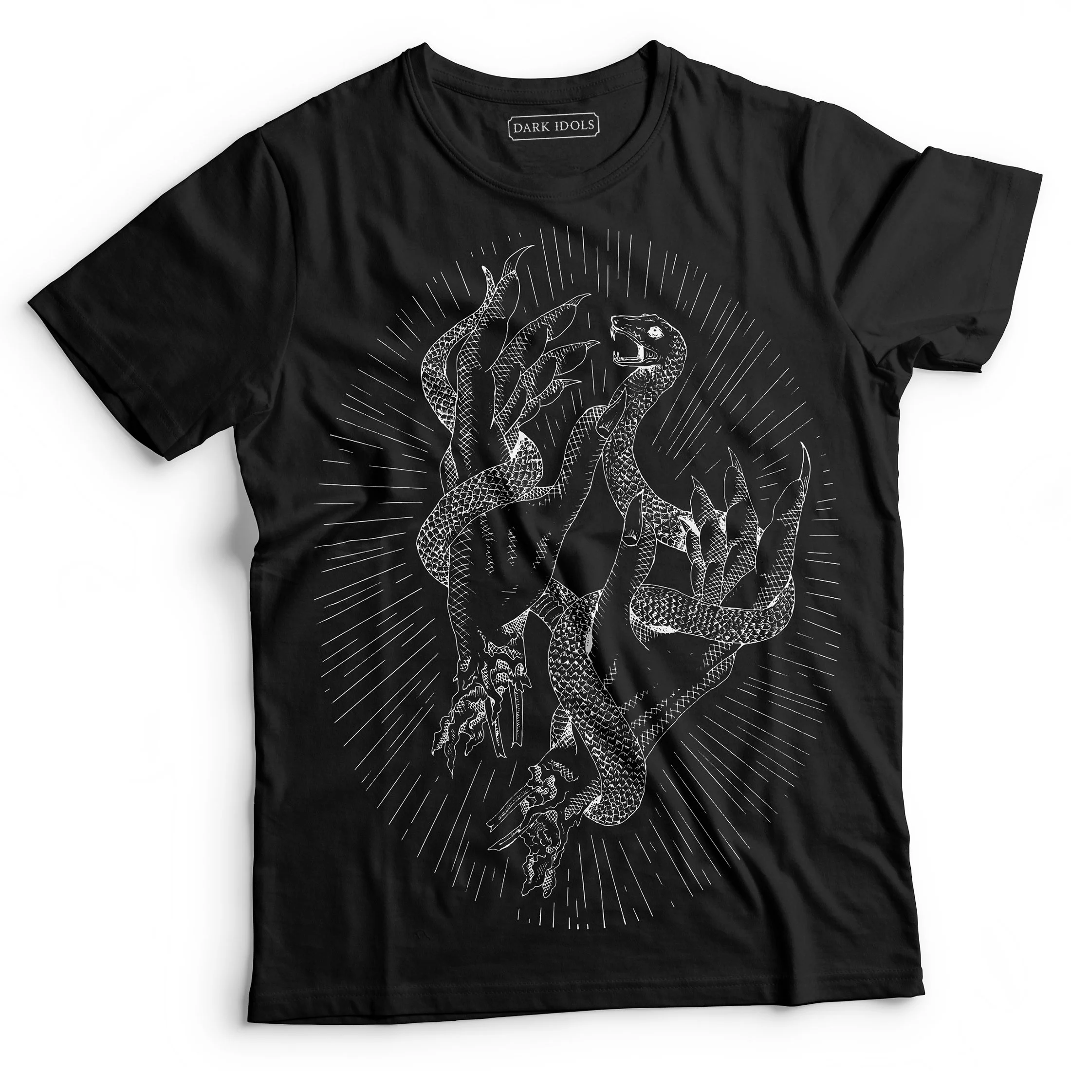 An image of a black t-shirt on a white background. On the front of the t-shirt, the "Snake Charmer" artwork is printed in white.