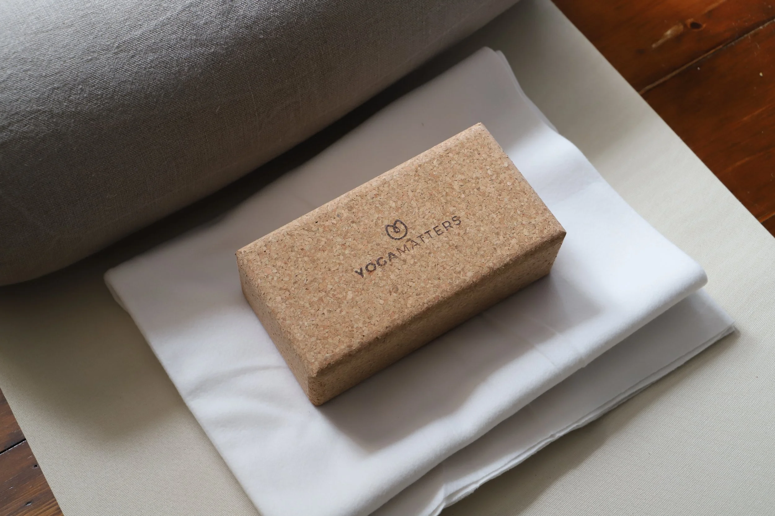Yoga mat, with bolster cushion, cork block and blanket