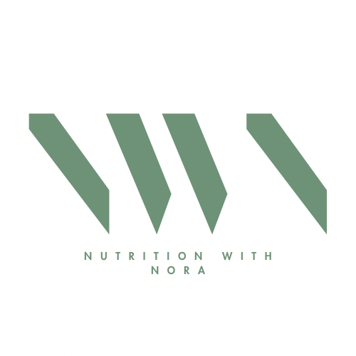 Logo with four large green diagonal bars and text "Nutrition with Nora" underneath.