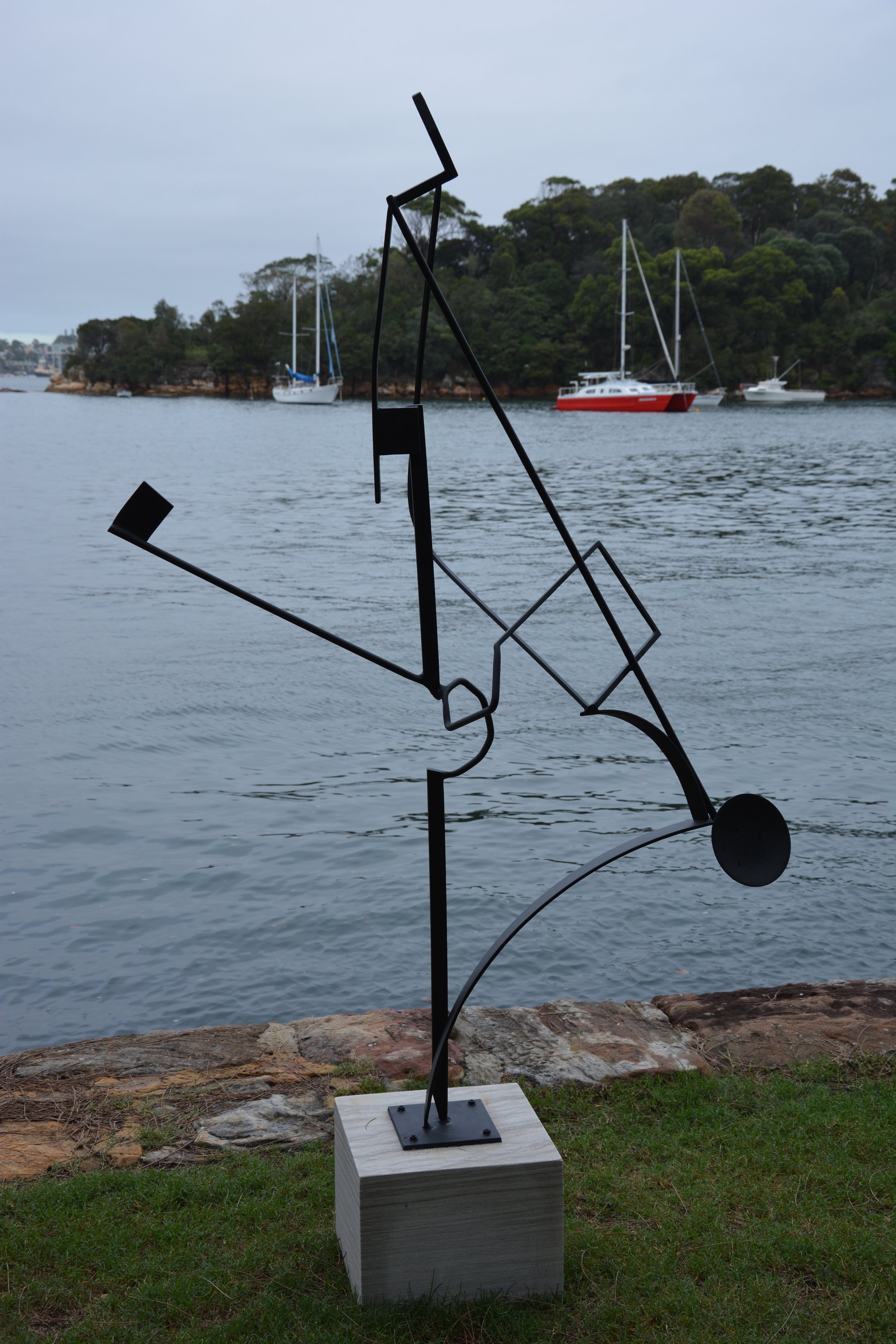 Miroesque.
H 203 x W135 x D70cms.
Painted steel, sandstone, space. 
Finalist - 2014 Sculpture at Sawmillers, Sydney.
SOLD