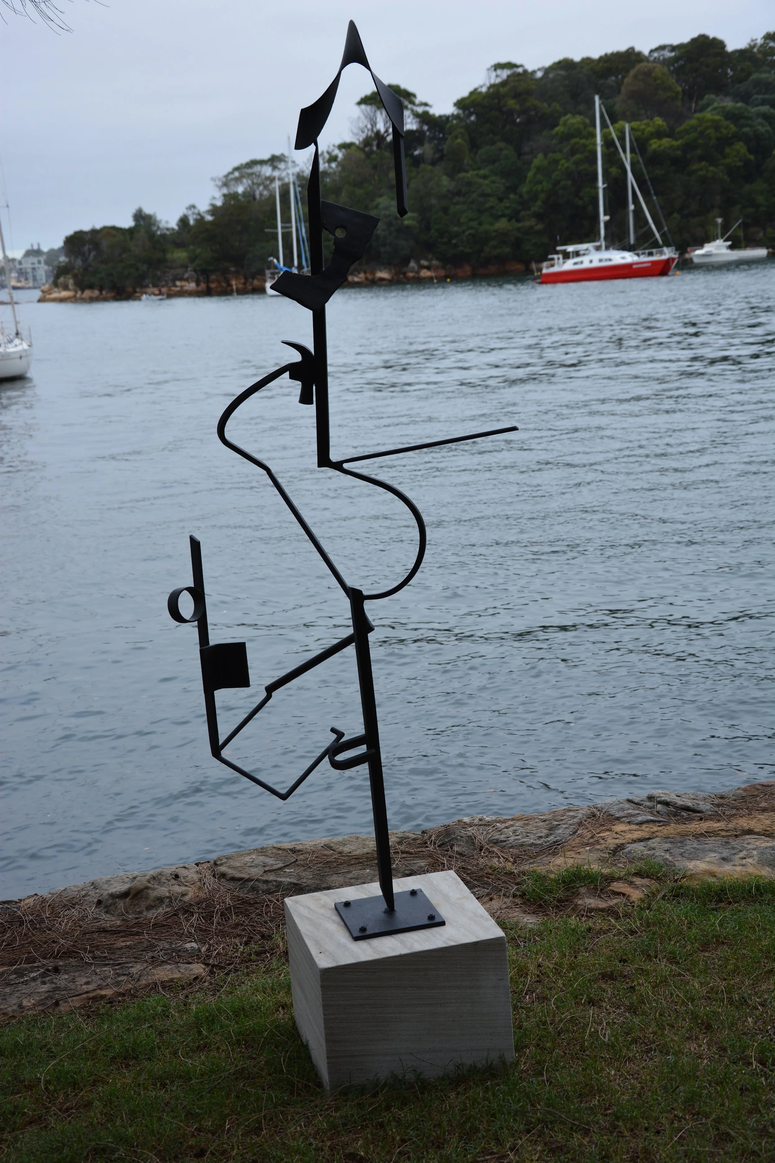 Three Tenors No 1. 
H184 x W80 x D33cms. 
Painted steel, sandstone, space. 
Finalist - 2014 Sculpture at Sawmillers, Sydney.
SOLD