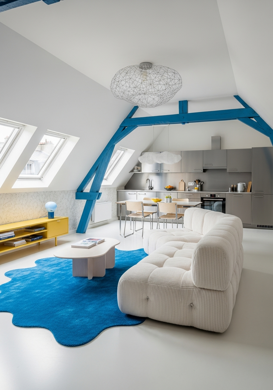 Salon et cuisine dans un appartement mansardé avec poutres en bois peintes en bleu, canapé beige, tapis bleu, meubles modernes, cuisine grise. Fenêtres en haut laissant entrer la lumière