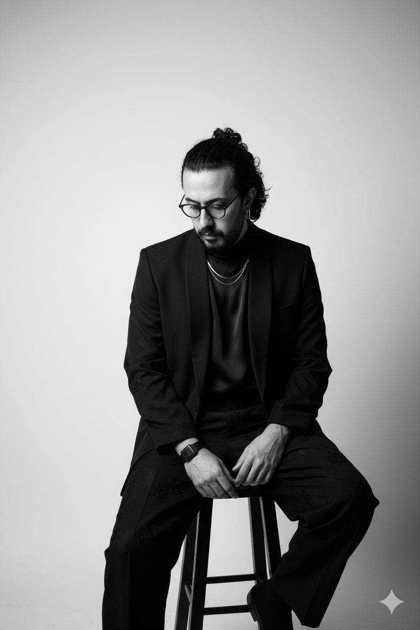 Un homme assis sur un tabouret, habillé en noir, avec des lunettes et des bijoux, portrait en noir et blanc.