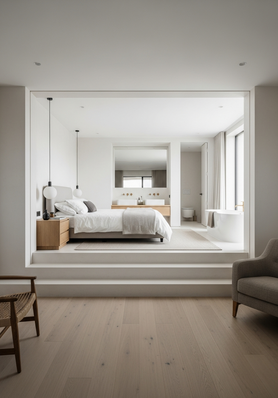 Chambre moderne et minimaliste avec un lit blanc, table de chevet en bois, deux lampes suspendues, tapis beige, vue sur une salle de bain avec baignoire et toilette par une grande fenêtre, mobilier en bois clair, décoration épurée.