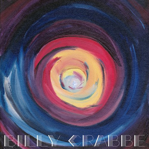 Abstract painting with swirling concentric circles in shades of pink, yellow, blue, and purple, with the text 'Billy Ciarabe' at the bottom.