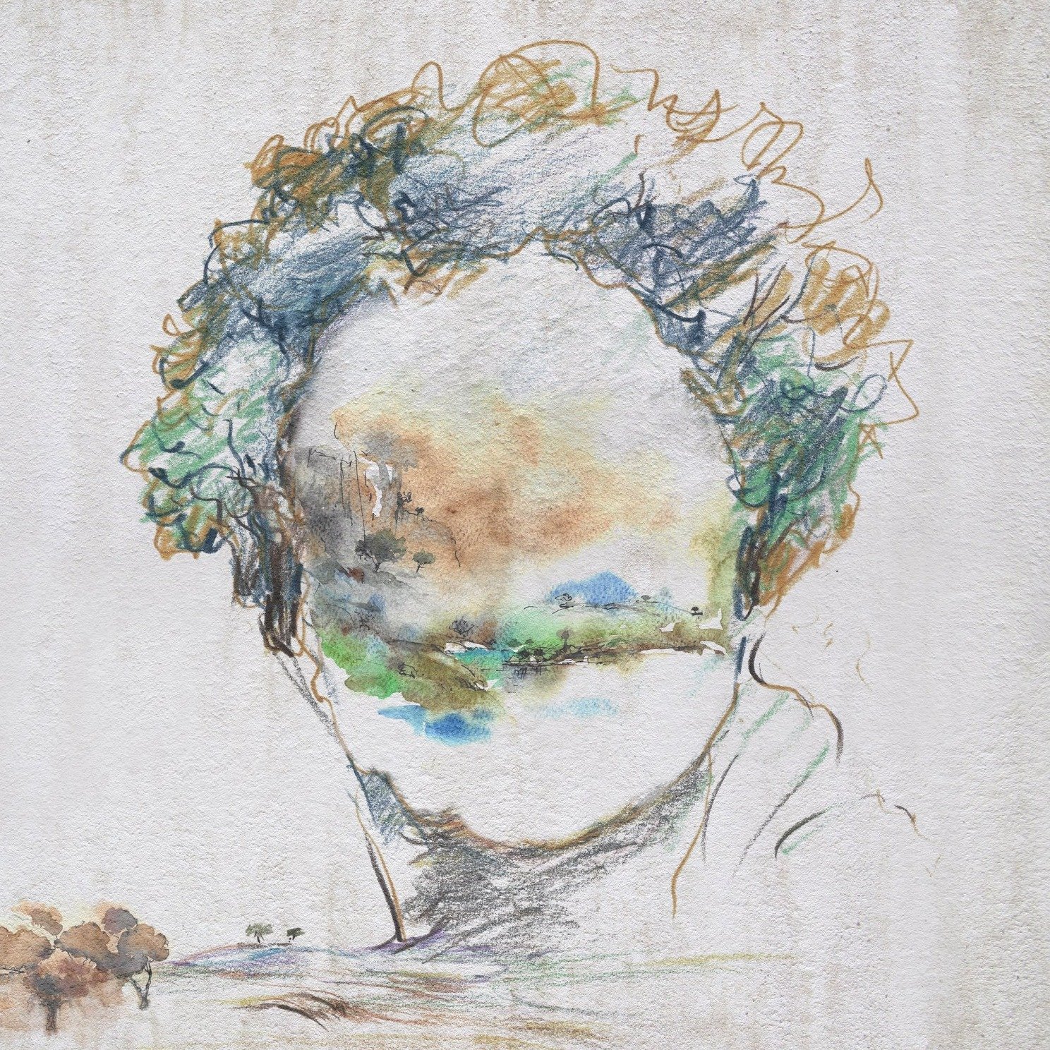 A watercolor sketch of a person's face with a landscape scene painted across the eyes.