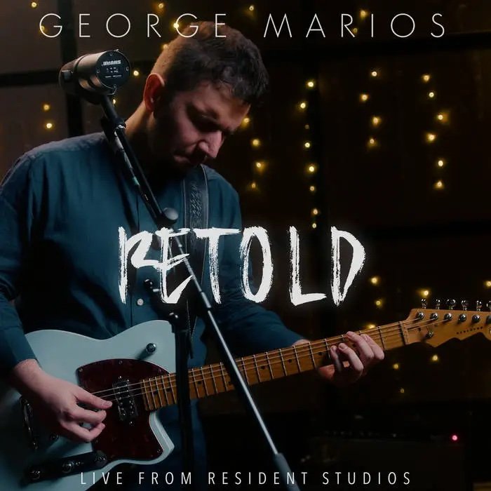 Musician George Marios playing an electric guitar in a recording studio with decorative lights in the background, promoting a live performance titled 'Retold' from Resident Studios.