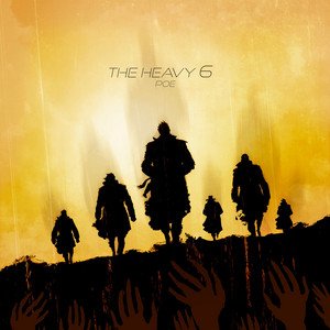 Silhouettes of six soldiers walking on a hill against a golden sky with the text 'The Heavy 6 Poem' in the sky.