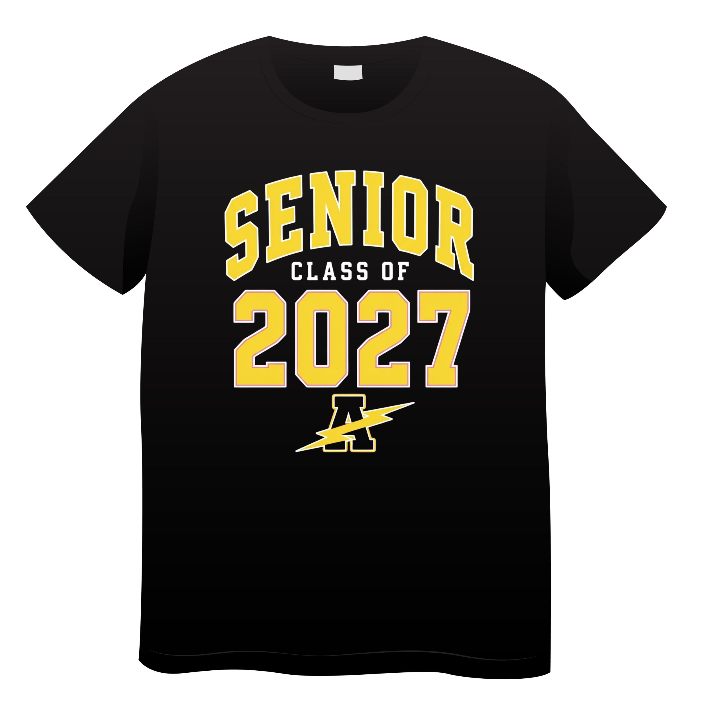 Black T-shirt with yellow text that reads "Senior Class of 2022" and a yellow lightning bolt graphic.
