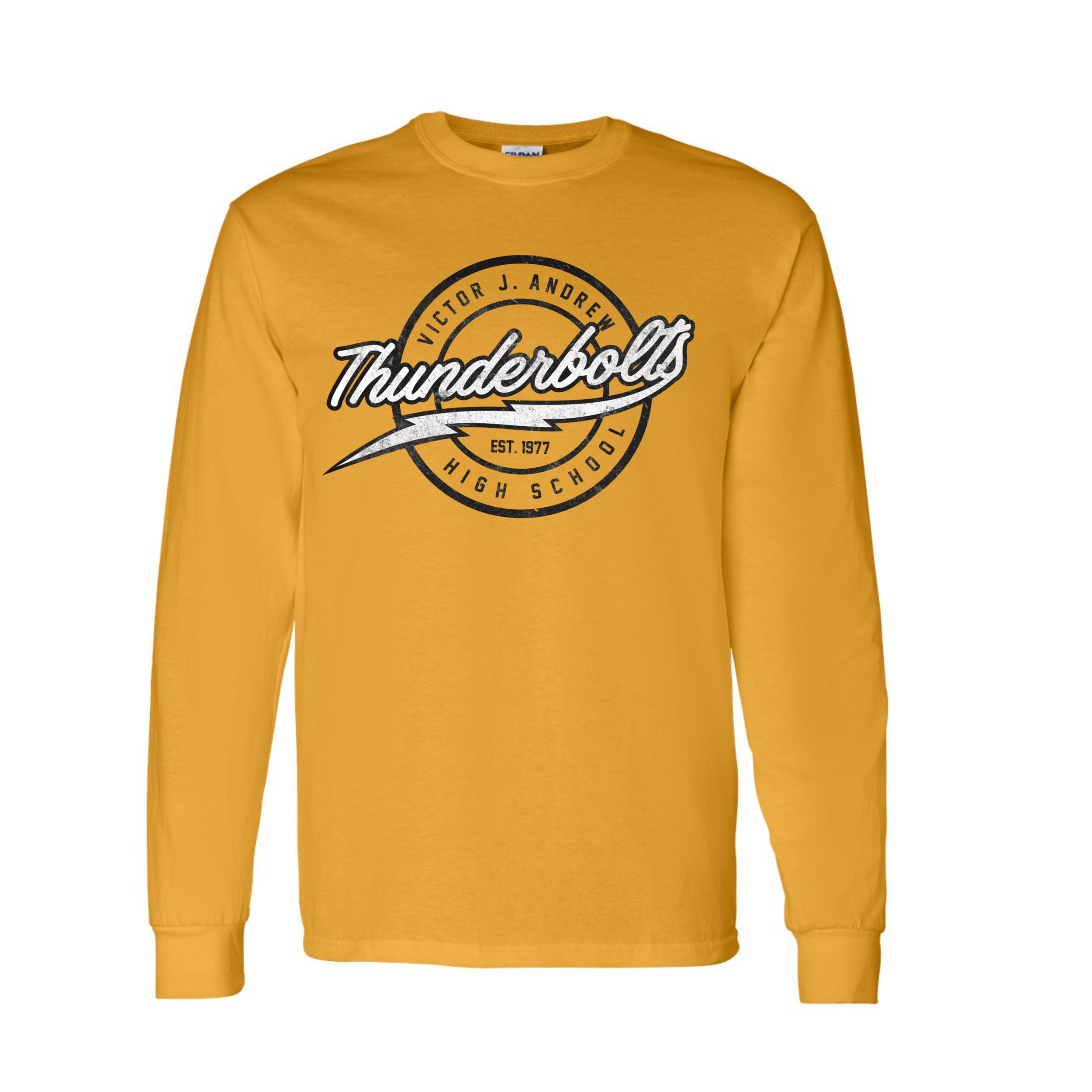 Yellow sweatshirt with a graphic design related to high school sports team, featuring the words "Thunderbolts" and an illustration of a lightning bolt.