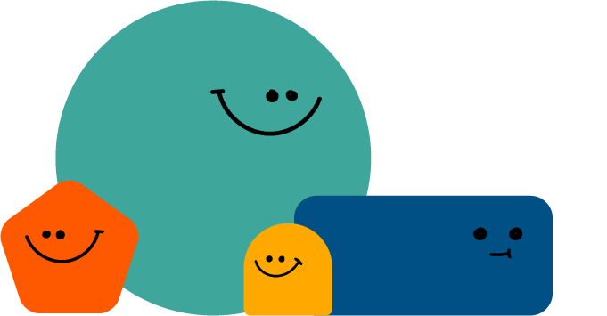 Cartoon characters with smiling faces in various shapes and colors, including teal, orange, yellow, and blue, on a black background.