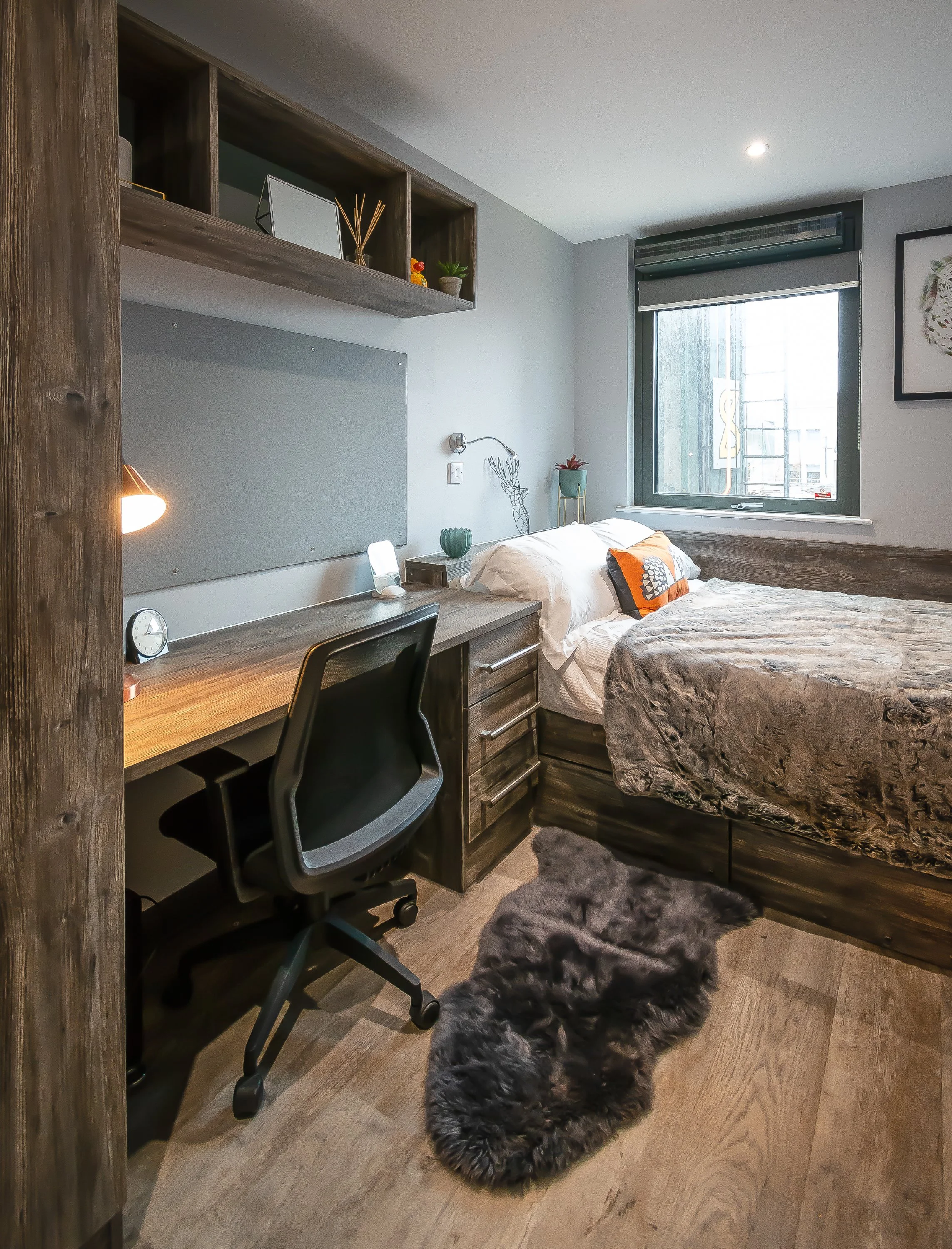 Modern bedroom with a bed, wooden desk, chair, shelves, lamp, and window. A furry rug is on the floor and decorative items are on the shelves.