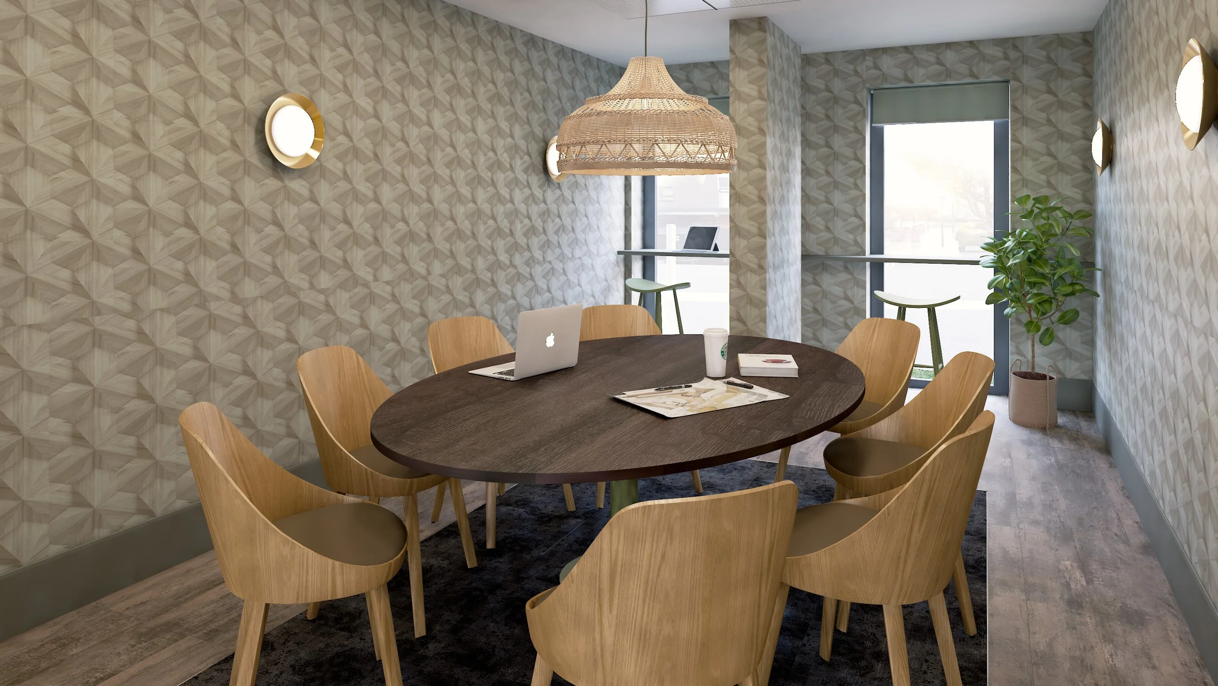Modern conference room with wooden chairs and a round table featuring a laptop and papers. A woven pendant light hangs above, and there is geometric wallpaper and a large window. A potted plant is in the corner.