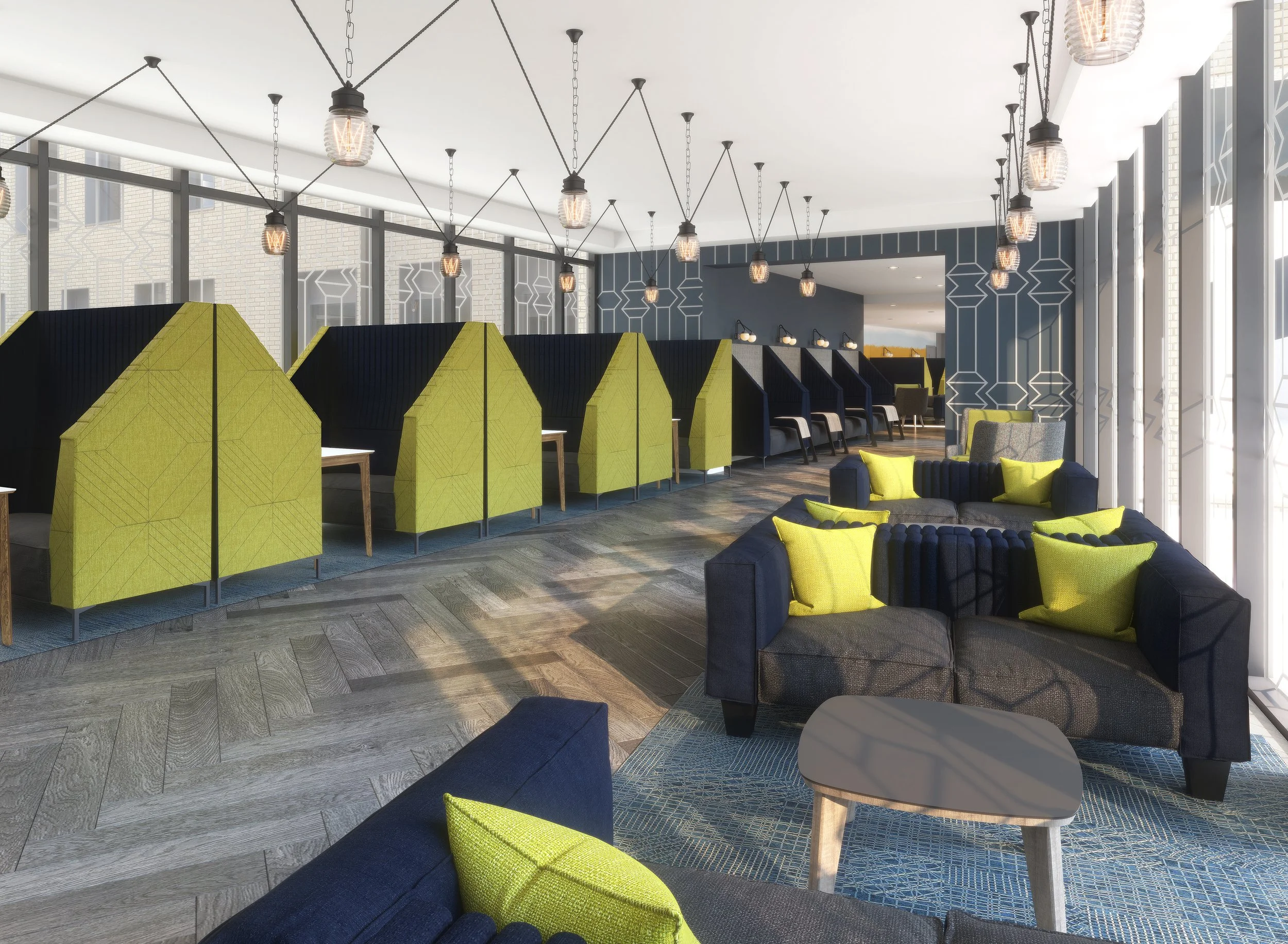 Modern office space with dark blue sofas, lime green cushions, unique geometric partitions, wooden floors, and industrial-style lighting.
