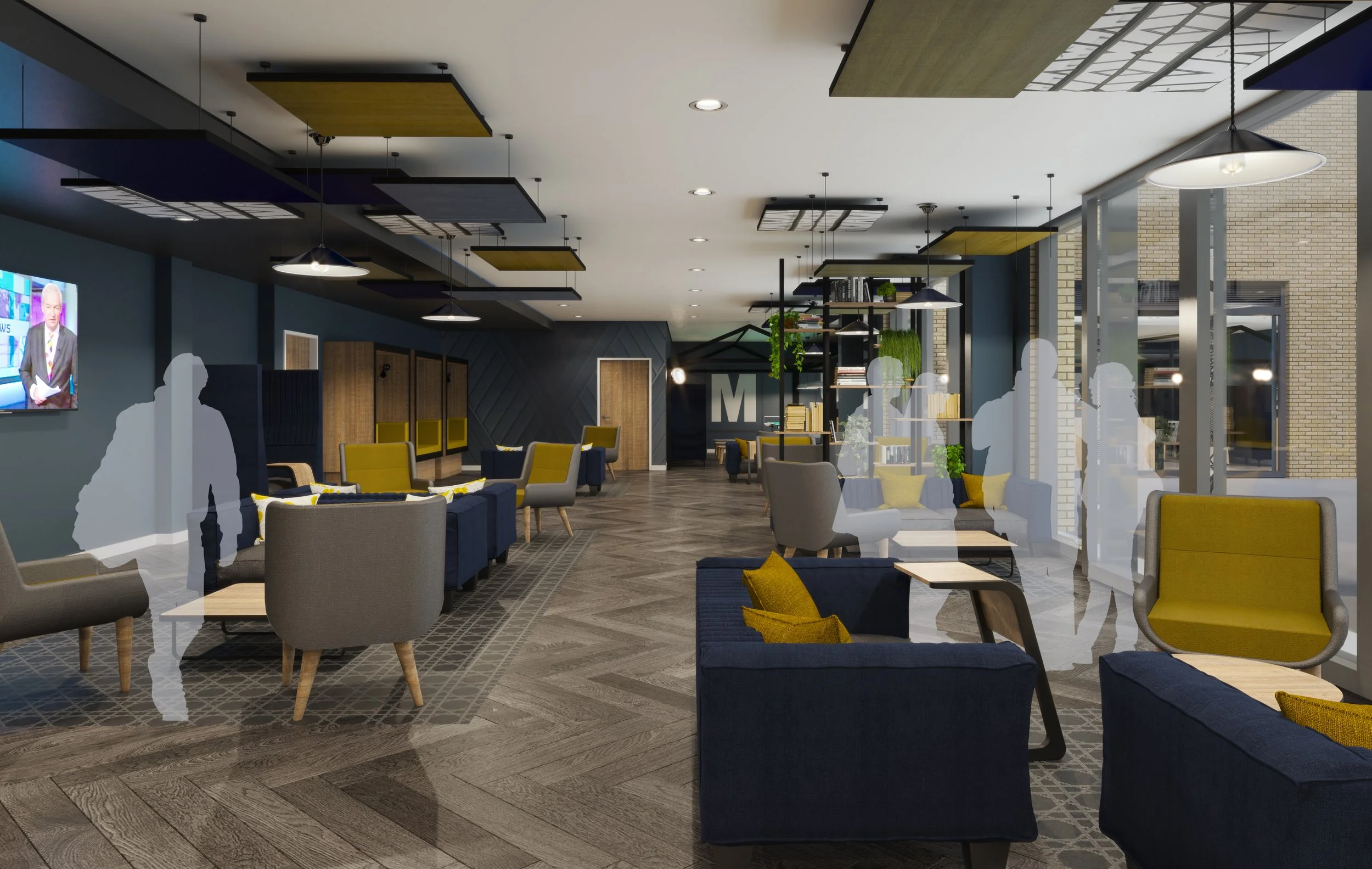 Modern lobby with blue and yellow armchairs, coffee tables, decorative ceiling panels, and a TV on a dark blue wall, featuring ghostly silhouettes of people.