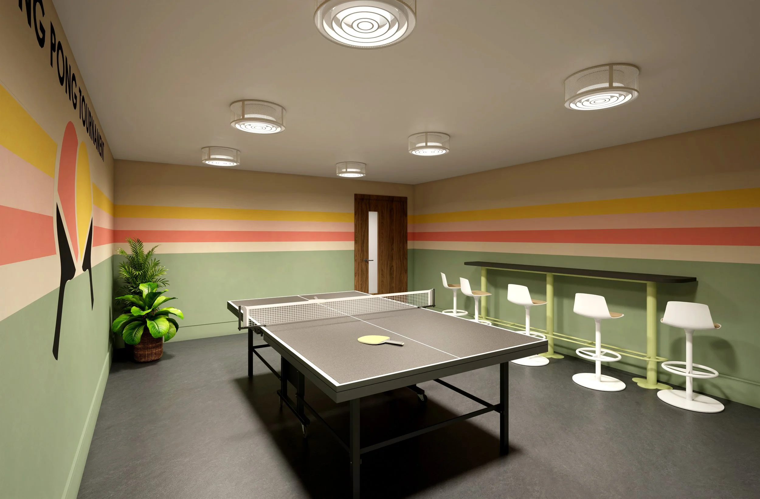 A modern recreation room featuring a ping pong table, wall art, potted plant, and a bar seating area with stools. The wall has colorful horizontal stripes and the ceiling has multiple circular light fixtures.