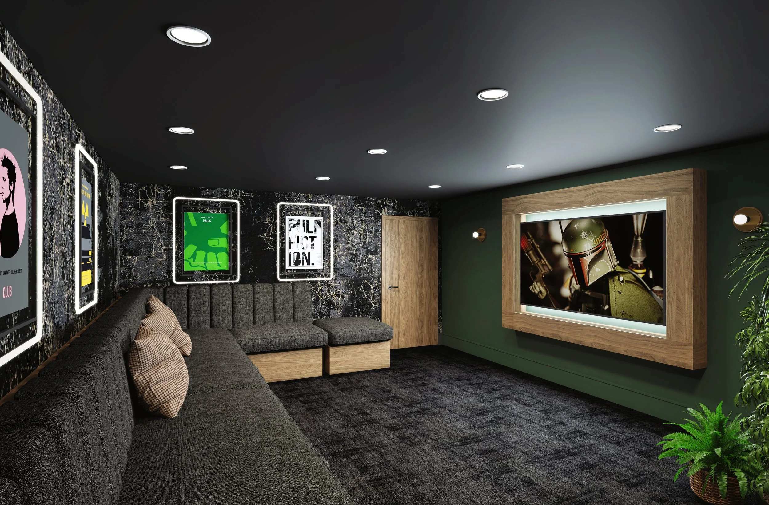 Modern home theater room with dark walls, recessed ceiling lights, a large couch with cushions, movie posters on the walls, and a large framed flat-screen TV on one side. There's a small plant in the corner.