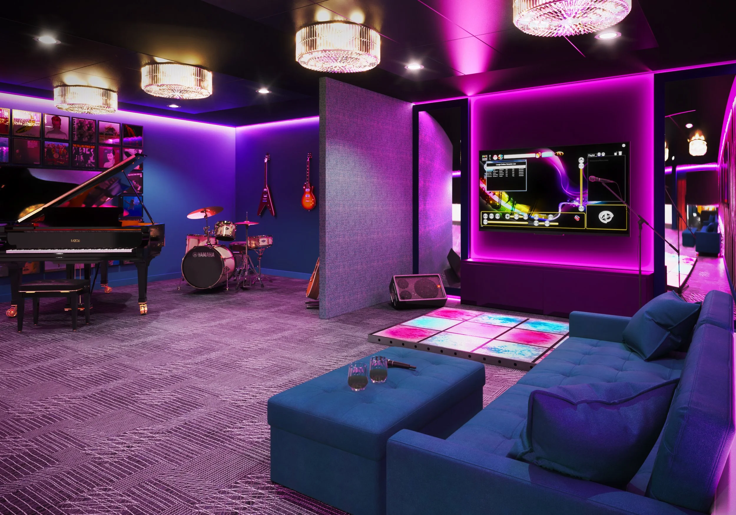 Music room with grand piano, drum set, guitars, and purple ambient lighting. Features a recording studio setup with a large screen, microphone, and karaoke stage. Includes a blue sofa and modern decor.