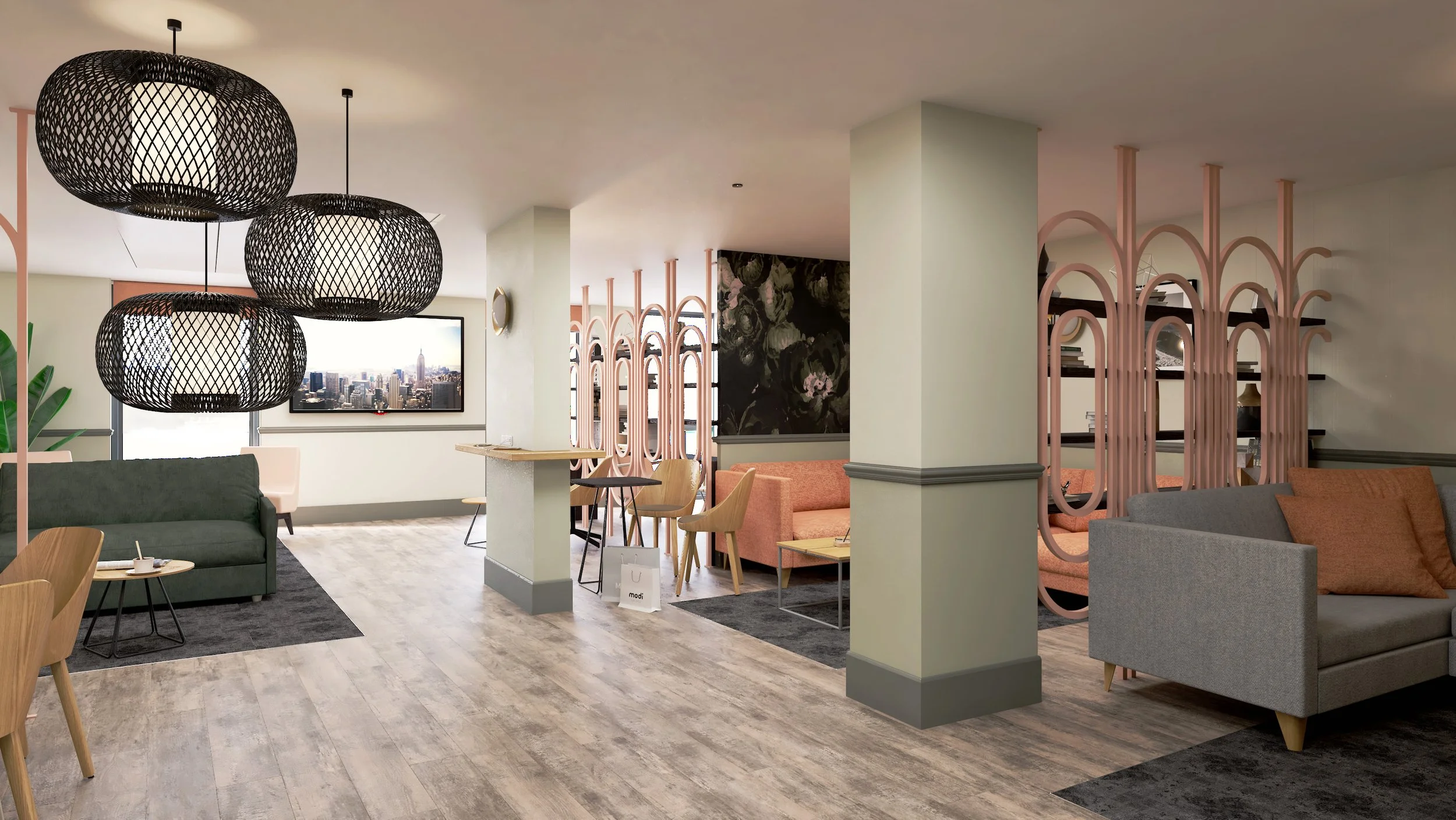 Modern lounge with stylish furniture, including sofas, chairs, and tables. Features woven pendant lights, decorative wall art, and a partition with circular designs. Wooden flooring and a warm color palette are used.