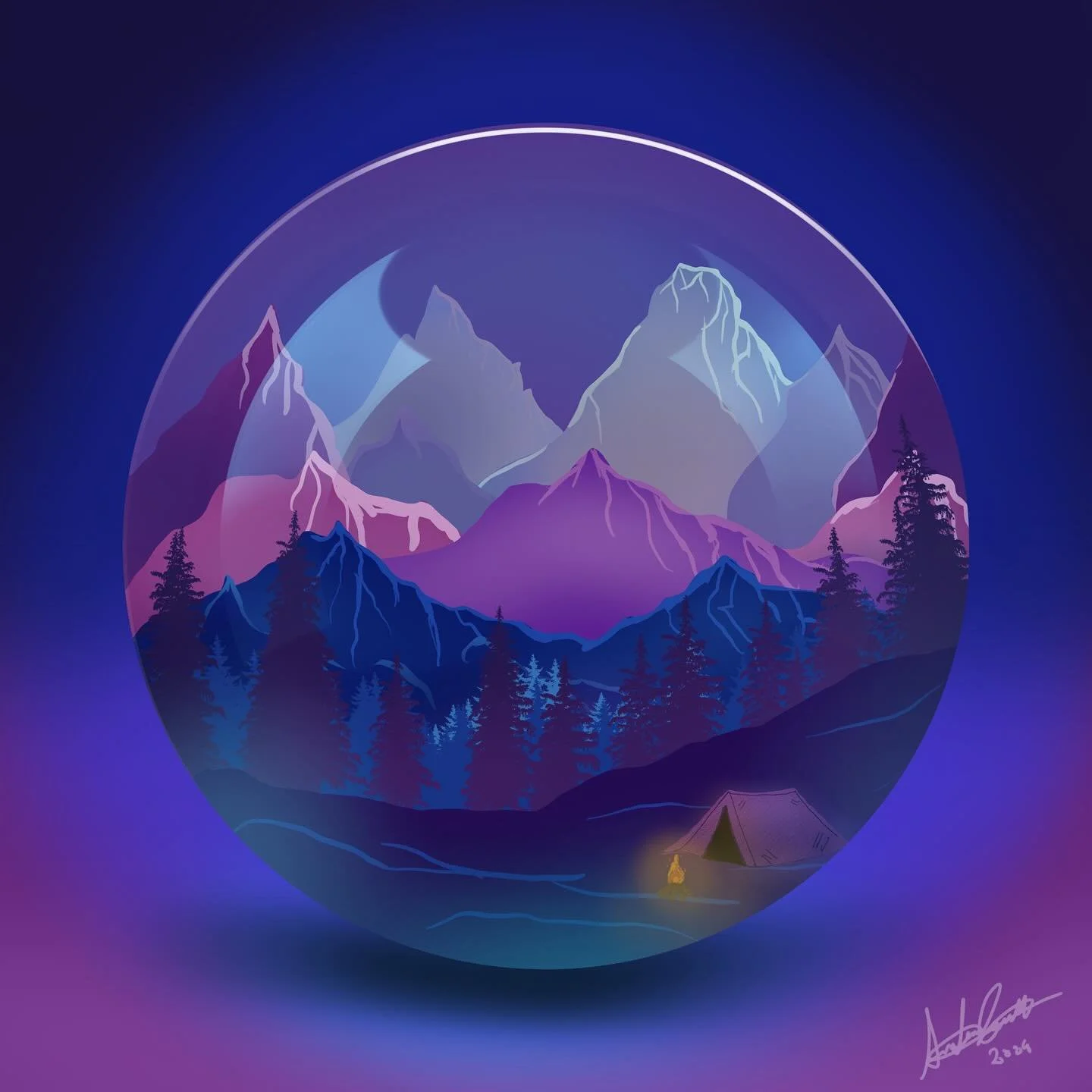 This drawing is a reflection of my love for the mountains and camping trips&mdash;those moments of peace, adventure, and connection with nature. I&rsquo;ve imagined being able to capture and store these memories in little spheres, almost like having 