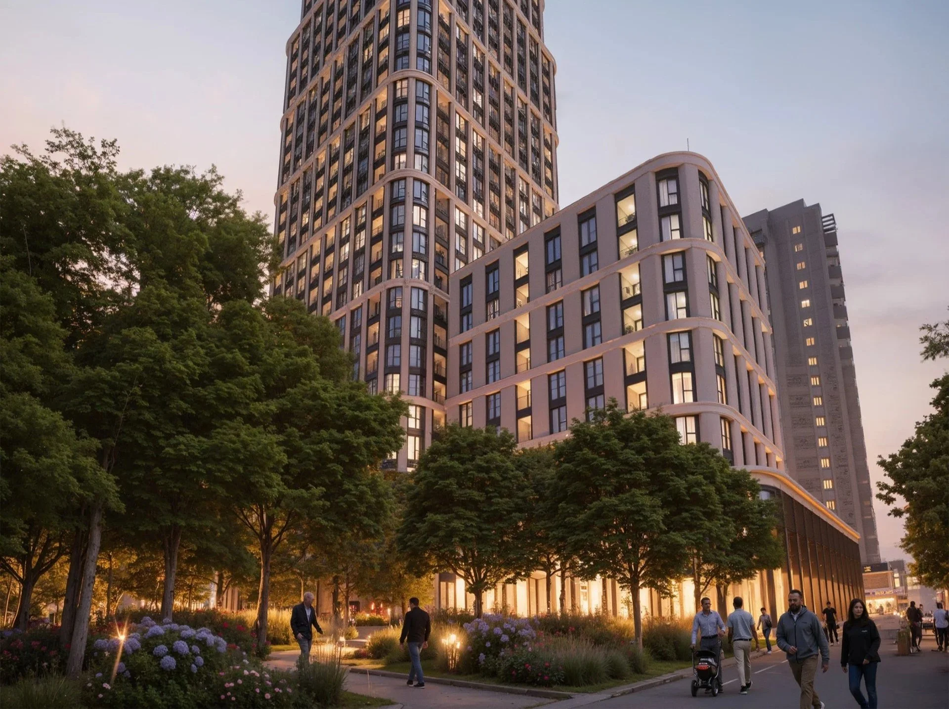 Modern multi-story residential building with balconies and illuminated windows at dusk.