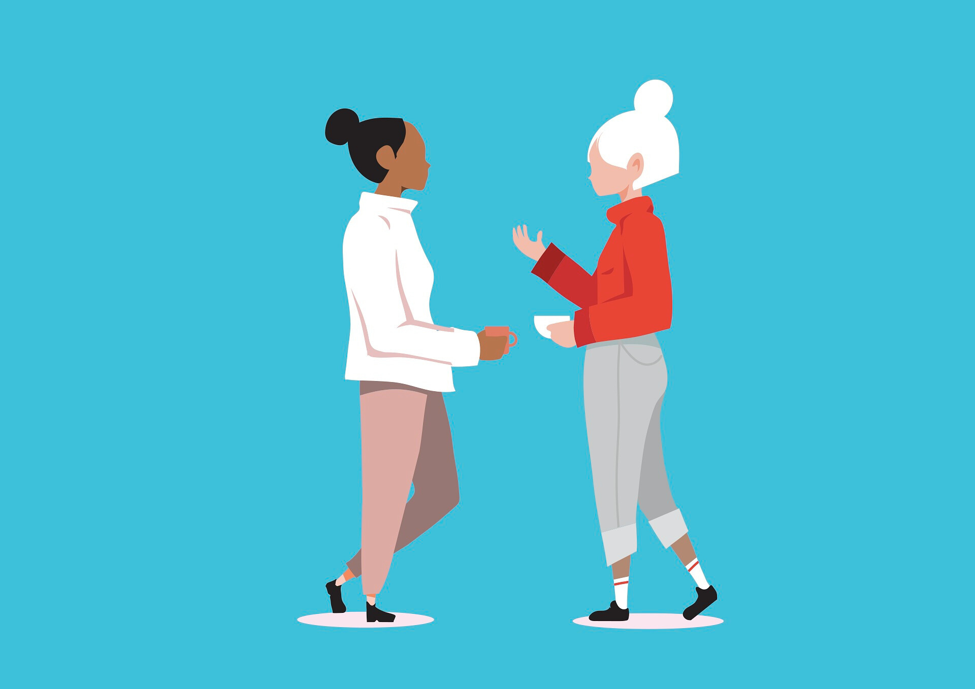 Illustration of two women talking, representing ongoing guidance and parent support in speech therapy