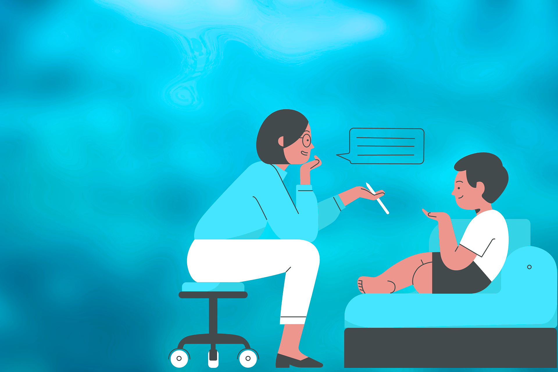 Illustration of a speech therapist and child using hand gestures during an engaging therapy session