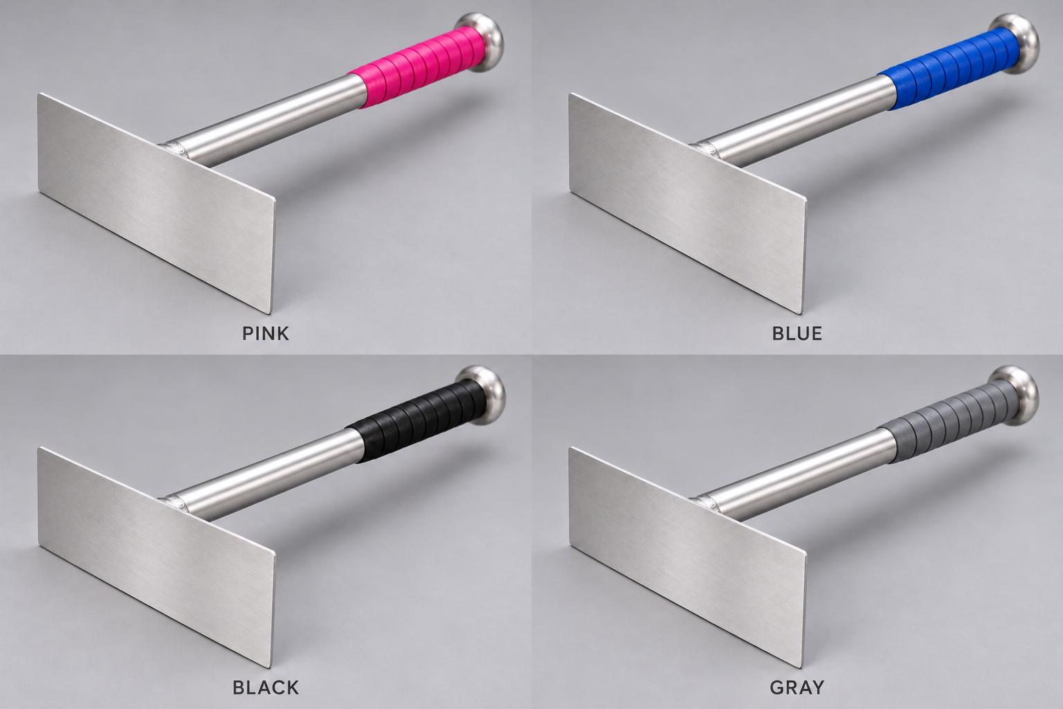 Artifact Screening Rake in pink, blue, black, and gray with an aluminum blade and baseball-bat-style grip.