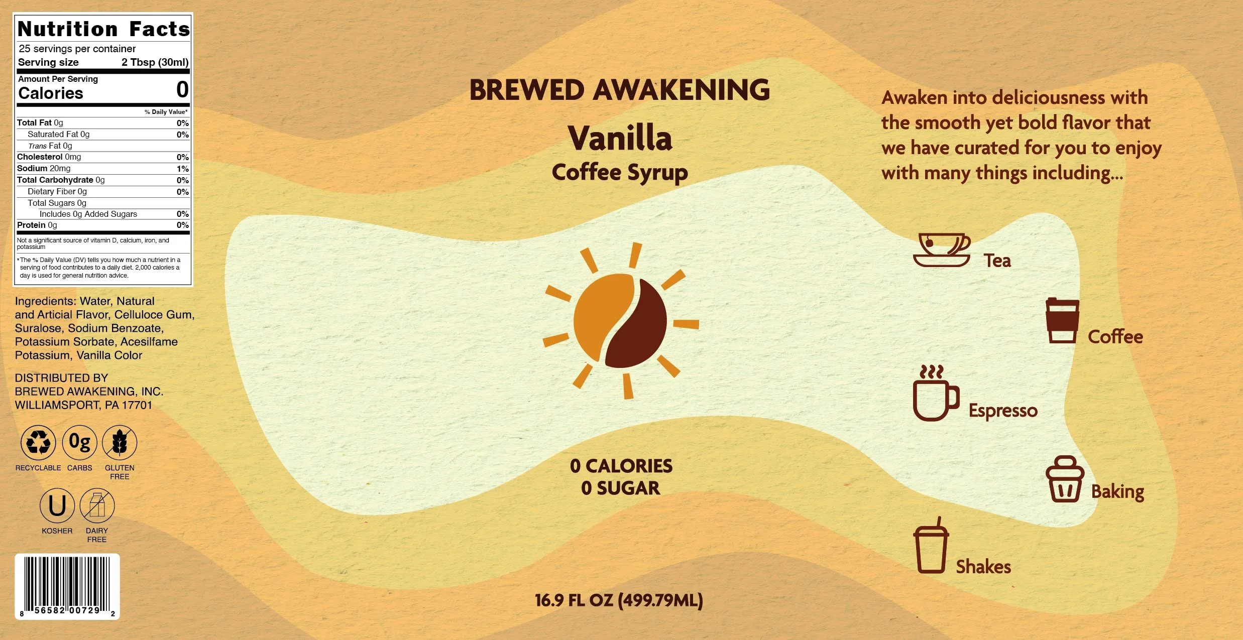 Packaging for Brewed Awakening Vanilla Coffee Syrup. The label features nutritional facts, ingredients, distribution information, and icons indicating it is gluten-free, kosher, dairy-free, recyclable, carb-free, and contains zero calories and sugar. The design includes a coffee bean illustration and mentions various ways to enjoy the syrup such as tea, coffee, espresso, baking, and smoothies.