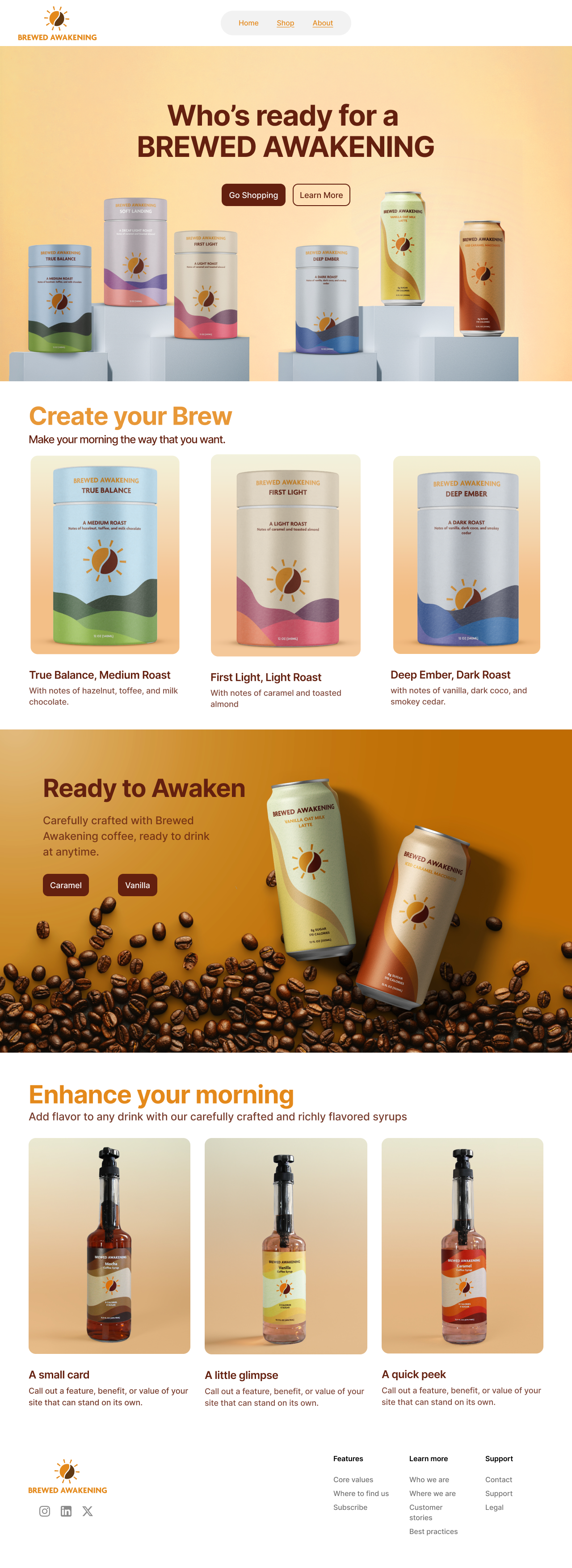 A webpage for Brewed Awakening coffee features colorful coffee cans with various labels like 'True Balance,' 'First Light,' and 'Deep Ember.' It highlights creating custom brews, ready-to-drink coffee cans, and flavor enhancements with syrups and droppers.